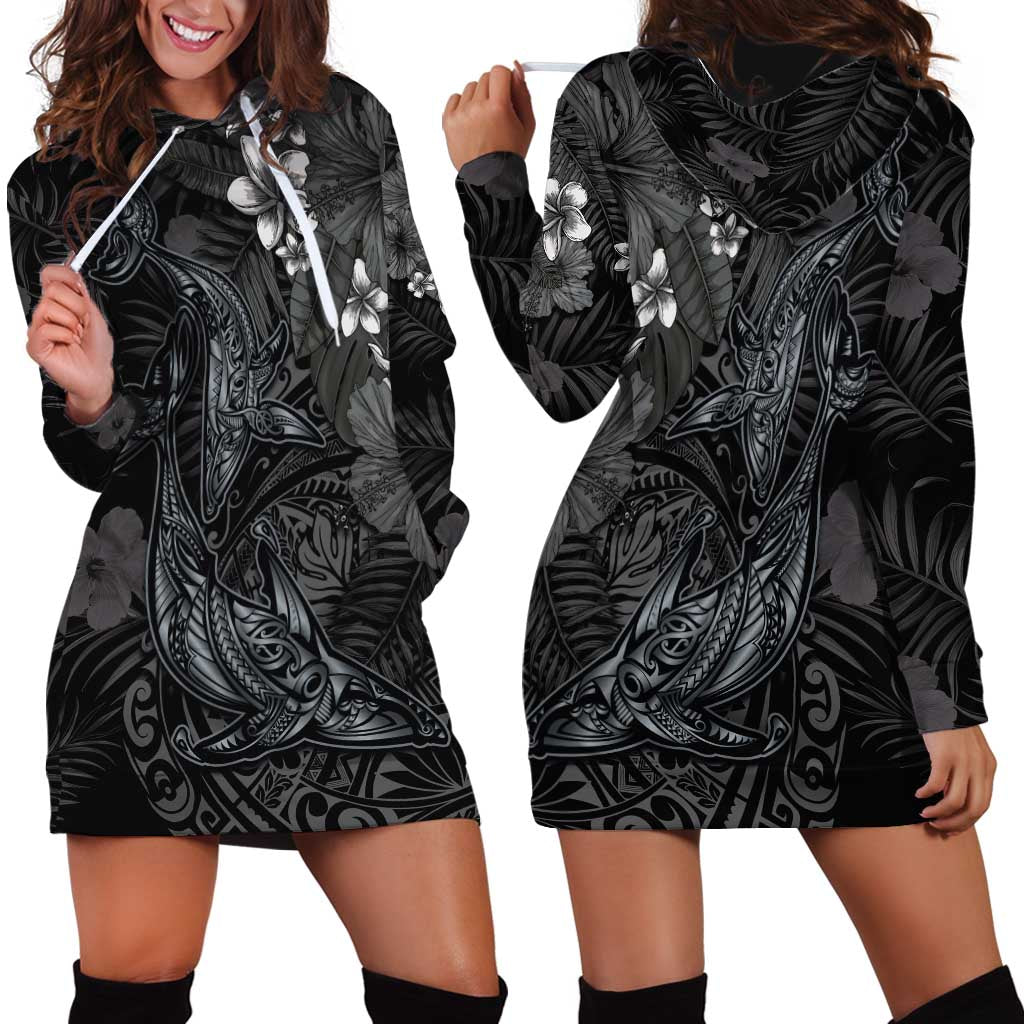 Hawaiian Tropical Plants and Tribal Whales Hoodie Dress Polynesian Art Tattoo Grayscale LT03 - Polynesian Pride
