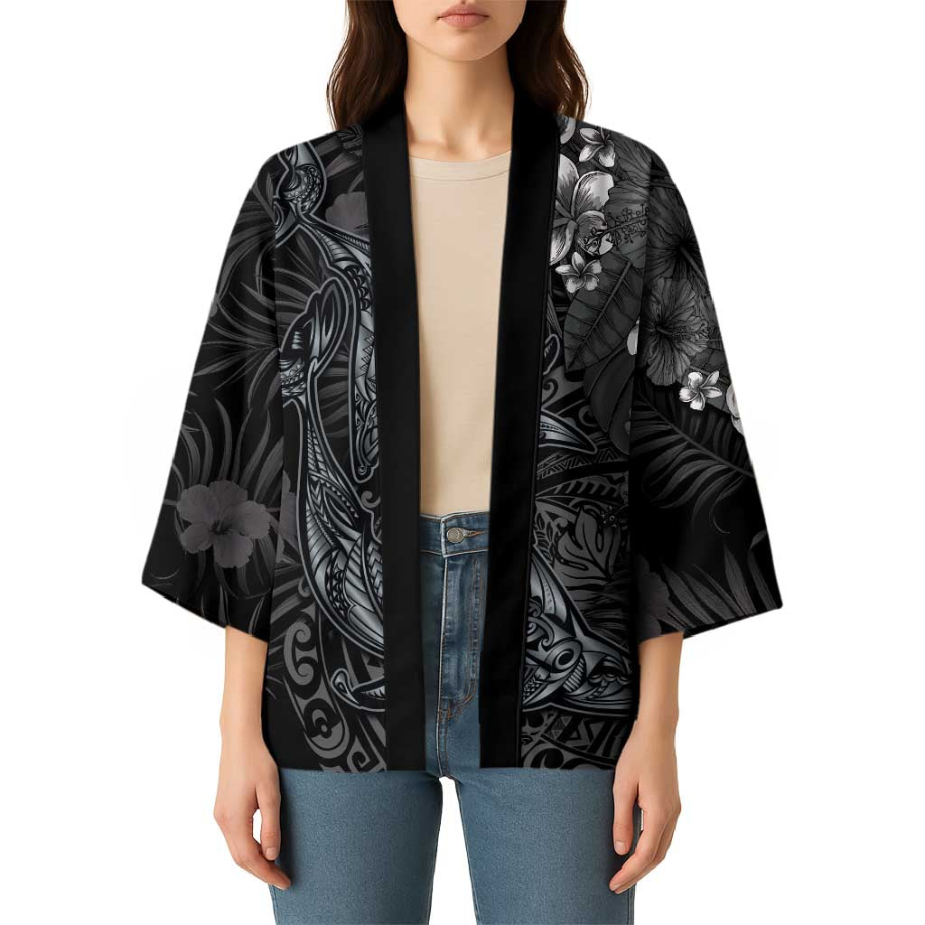 Hawaiian Tropical Plants and Tribal Whales Kimono Polynesian Art Tattoo Grayscale
