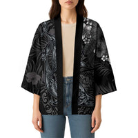 Hawaiian Tropical Plants and Tribal Whales Kimono Polynesian Art Tattoo Grayscale