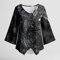 Hawaiian Tropical Plants and Tribal Whales Kimono Sleeve Blouse Polynesian Art Tattoo Grayscale