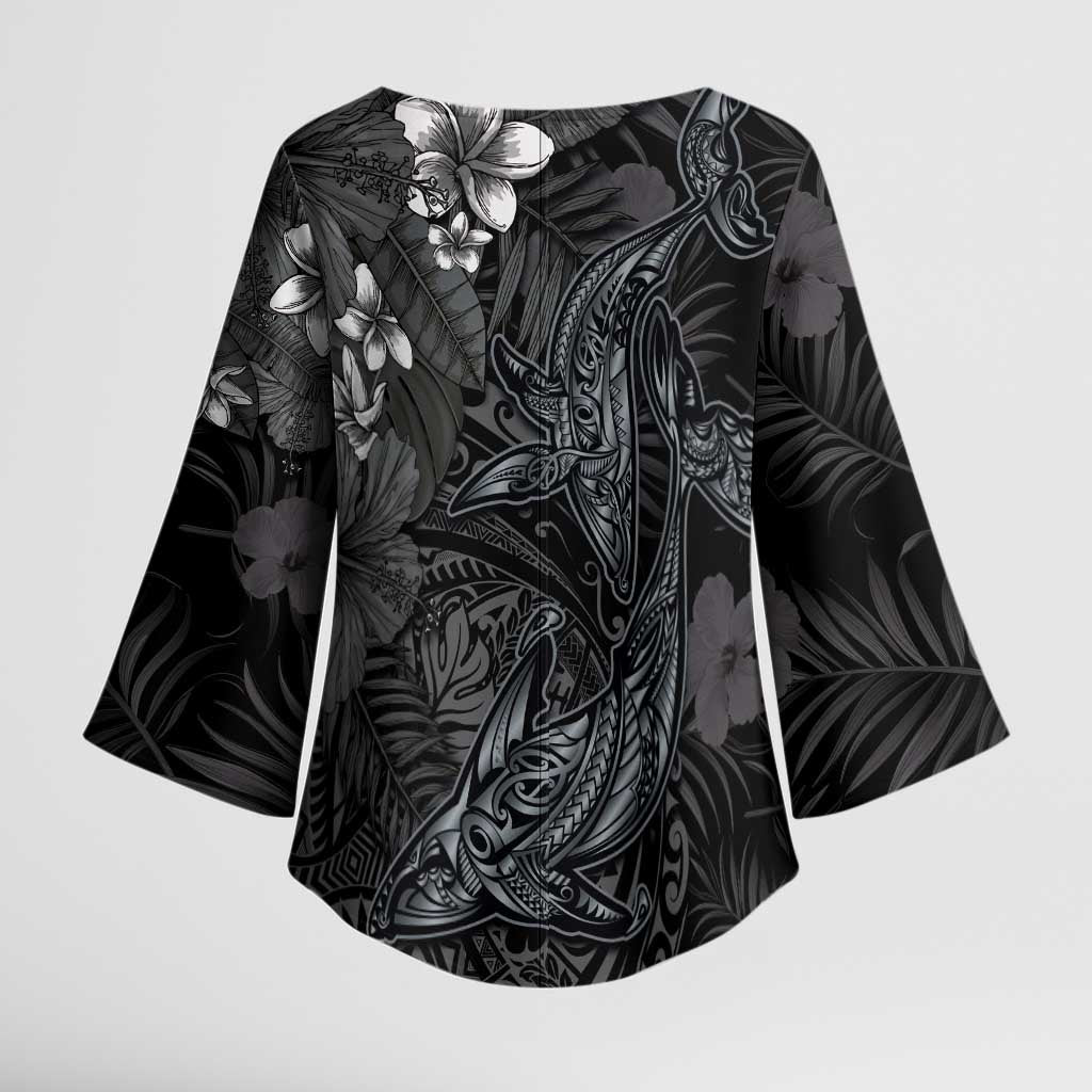 Hawaiian Tropical Plants and Tribal Whales Kimono Sleeve Blouse Polynesian Art Tattoo Grayscale
