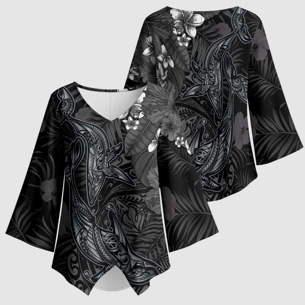 Hawaiian Tropical Plants and Tribal Whales Kimono Sleeve Blouse Polynesian Art Tattoo Grayscale