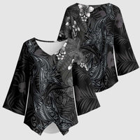 Hawaiian Tropical Plants and Tribal Whales Kimono Sleeve Blouse Polynesian Art Tattoo Grayscale