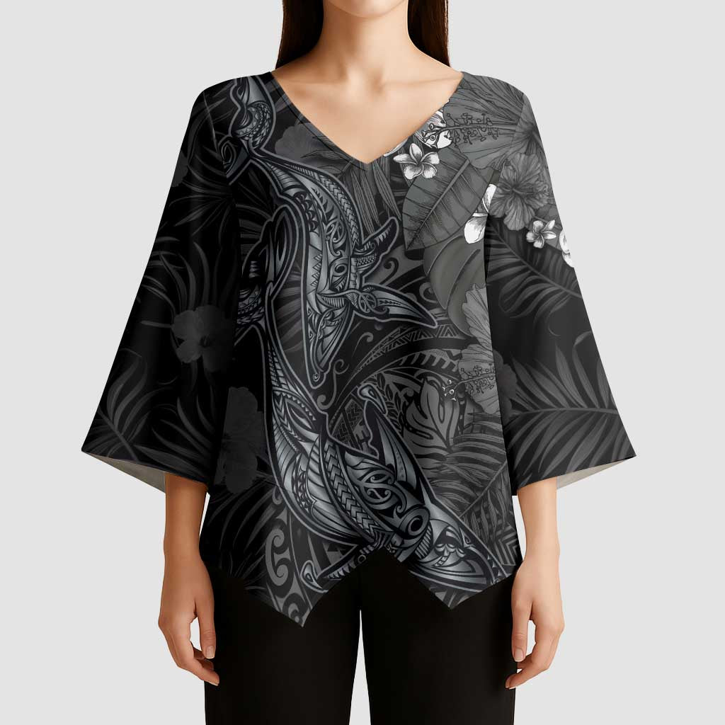 Hawaiian Tropical Plants and Tribal Whales Kimono Sleeve Blouse Polynesian Art Tattoo Grayscale