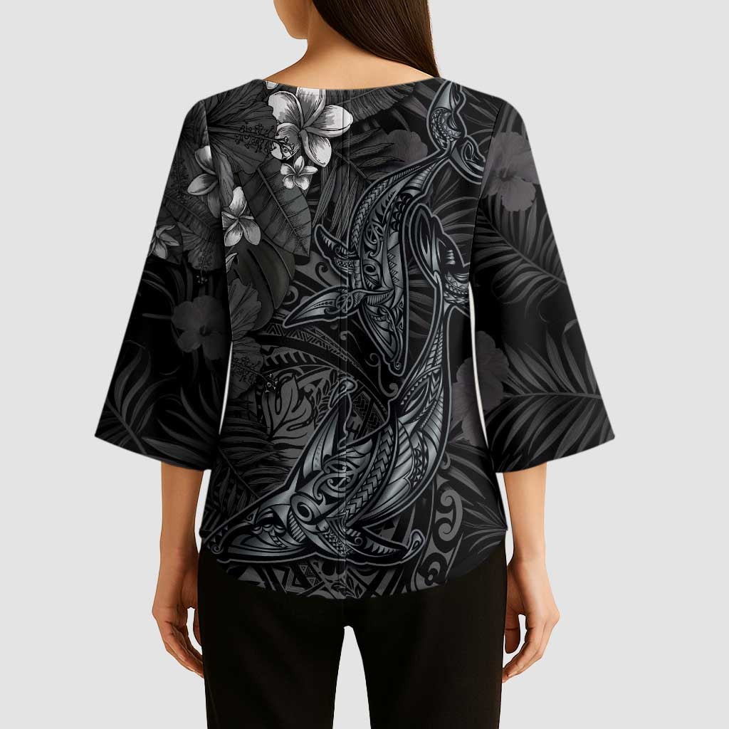Hawaiian Tropical Plants and Tribal Whales Kimono Sleeve Blouse Polynesian Art Tattoo Grayscale