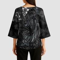 Hawaiian Tropical Plants and Tribal Whales Kimono Sleeve Blouse Polynesian Art Tattoo Grayscale