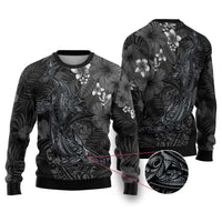 Hawaiian Tropical Plants and Tribal Whales Ugly Christmas Sweater Polynesian Art Tattoo Grayscale