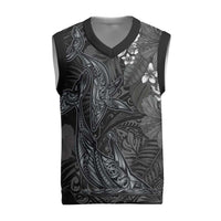 Hawaiian Tropical Plants and Tribal Whales Christmas Knitted V-Neck Vest Polynesian Art Tattoo Grayscale