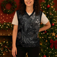 Hawaiian Tropical Plants and Tribal Whales Christmas Knitted V-Neck Vest Polynesian Art Tattoo Grayscale