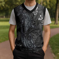 Hawaiian Tropical Plants and Tribal Whales Christmas Knitted V-Neck Vest Polynesian Art Tattoo Grayscale