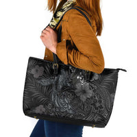 Hawaiian Tropical Plants and Tribal Whales Leather Tote Bag Polynesian Art Tattoo Grayscale