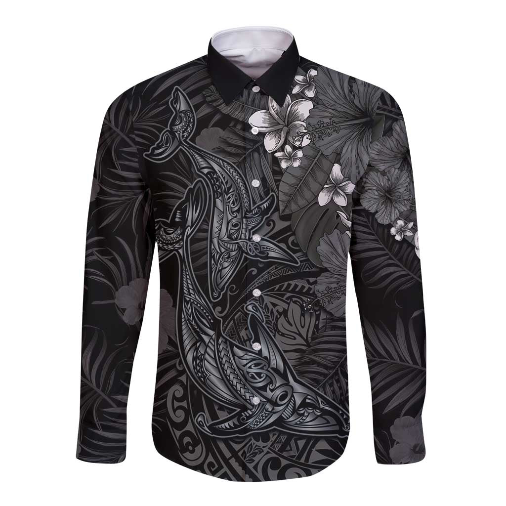 Hawaiian Tropical Plants and Tribal Whales Long Sleeve Button Shirt Polynesian Art Tattoo Grayscale