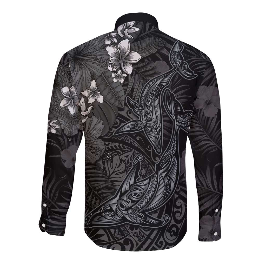 Hawaiian Tropical Plants and Tribal Whales Long Sleeve Button Shirt Polynesian Art Tattoo Grayscale