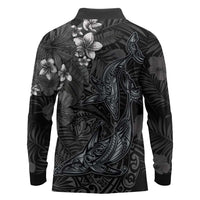 Hawaiian Tropical Plants and Tribal Whales Long Sleeve Polo Shirt Polynesian Art Tattoo Grayscale