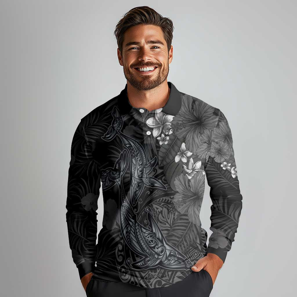 Hawaiian Tropical Plants and Tribal Whales Long Sleeve Polo Shirt Polynesian Art Tattoo Grayscale