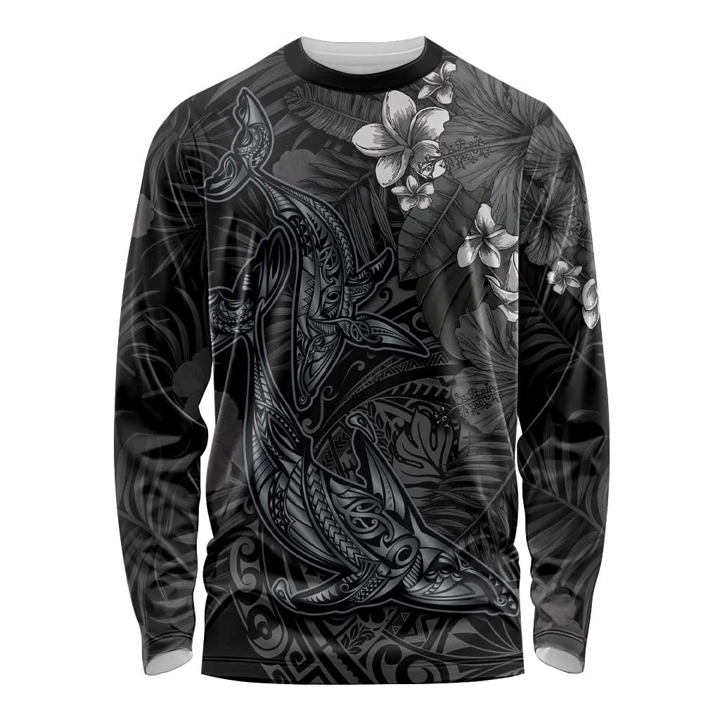 Hawaiian Tropical Plants and Tribal Whales Long Sleeve Shirt Polynesian Art Tattoo Grayscale