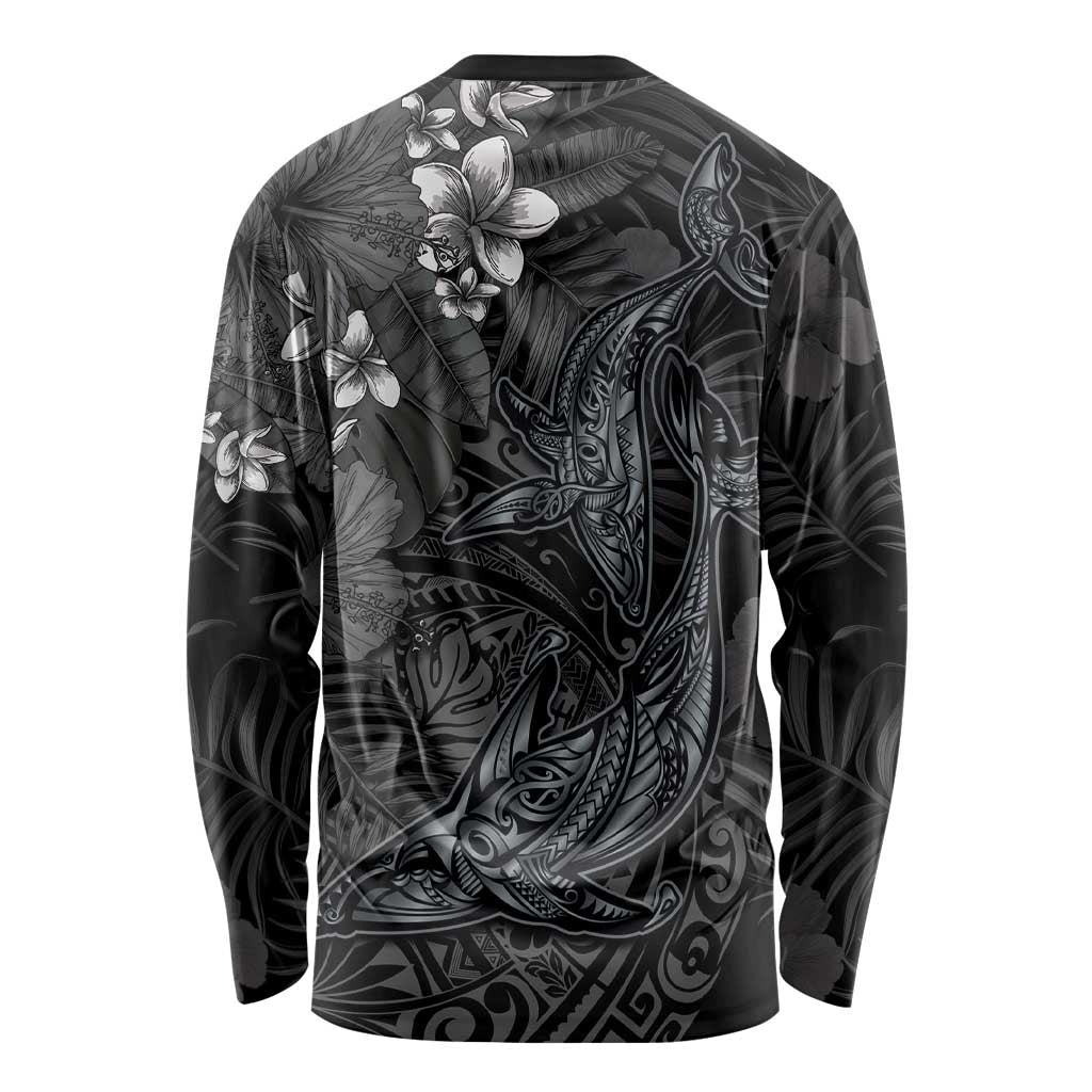 Hawaiian Tropical Plants and Tribal Whales Long Sleeve Shirt Polynesian Art Tattoo Grayscale