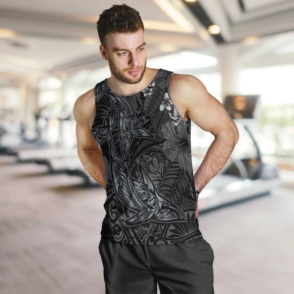 Hawaiian Tropical Plants and Tribal Whales Men Tank Top Polynesian Art Tattoo Grayscale