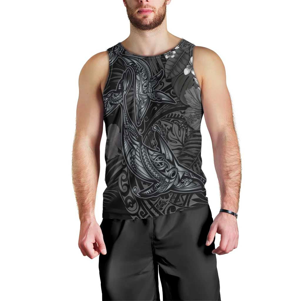 Hawaiian Tropical Plants and Tribal Whales Men Tank Top Polynesian Art Tattoo Grayscale