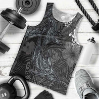 Hawaiian Tropical Plants and Tribal Whales Men Tank Top Polynesian Art Tattoo Grayscale