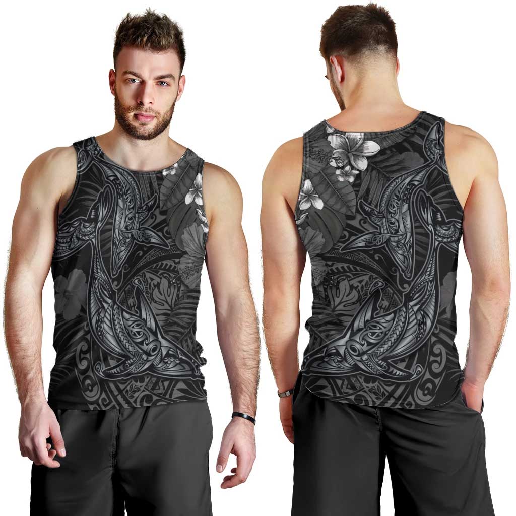 Hawaiian Tropical Plants and Tribal Whales Men Tank Top Polynesian Art Tattoo Grayscale