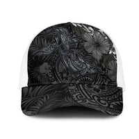 Hawaiian Tropical Plants and Tribal Whales Mesh Trucker Cap Polynesian Art Tattoo Grayscale