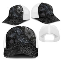 Hawaiian Tropical Plants and Tribal Whales Mesh Trucker Cap Polynesian Art Tattoo Grayscale