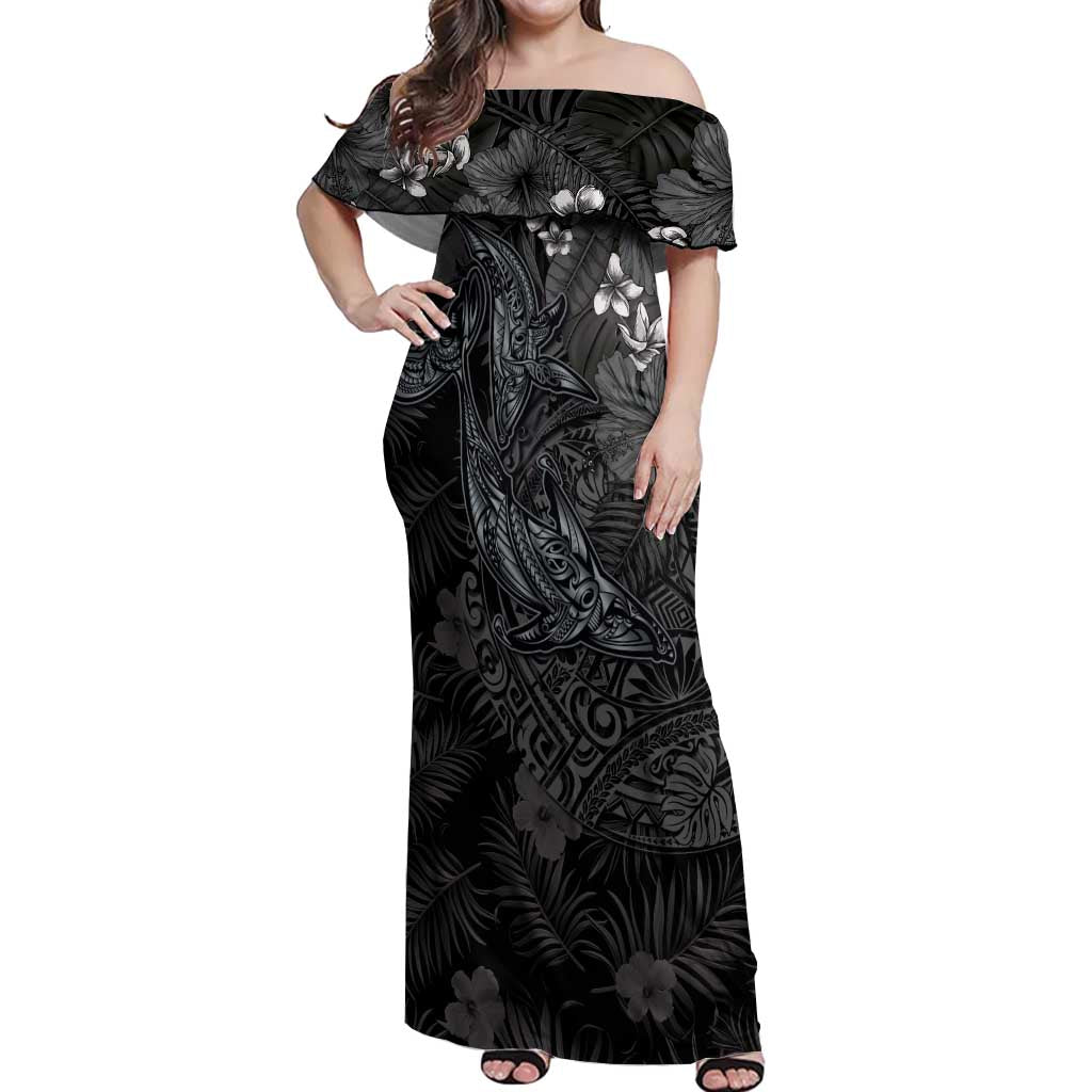 Hawaiian Tropical Plants and Tribal Whales Off Shoulder Maxi Dress Polynesian Art Tattoo Grayscale