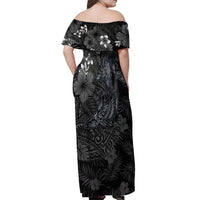 Hawaiian Tropical Plants and Tribal Whales Off Shoulder Maxi Dress Polynesian Art Tattoo Grayscale