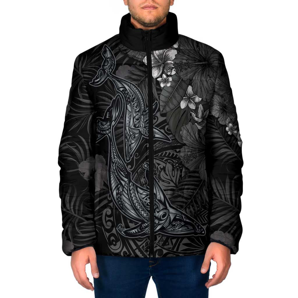Hawaiian Tropical Plants and Tribal Whales Padded Jacket Polynesian Art Tattoo Grayscale