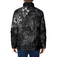 Hawaiian Tropical Plants and Tribal Whales Padded Jacket Polynesian Art Tattoo Grayscale