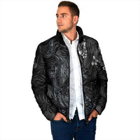 Hawaiian Tropical Plants and Tribal Whales Padded Jacket Polynesian Art Tattoo Grayscale
