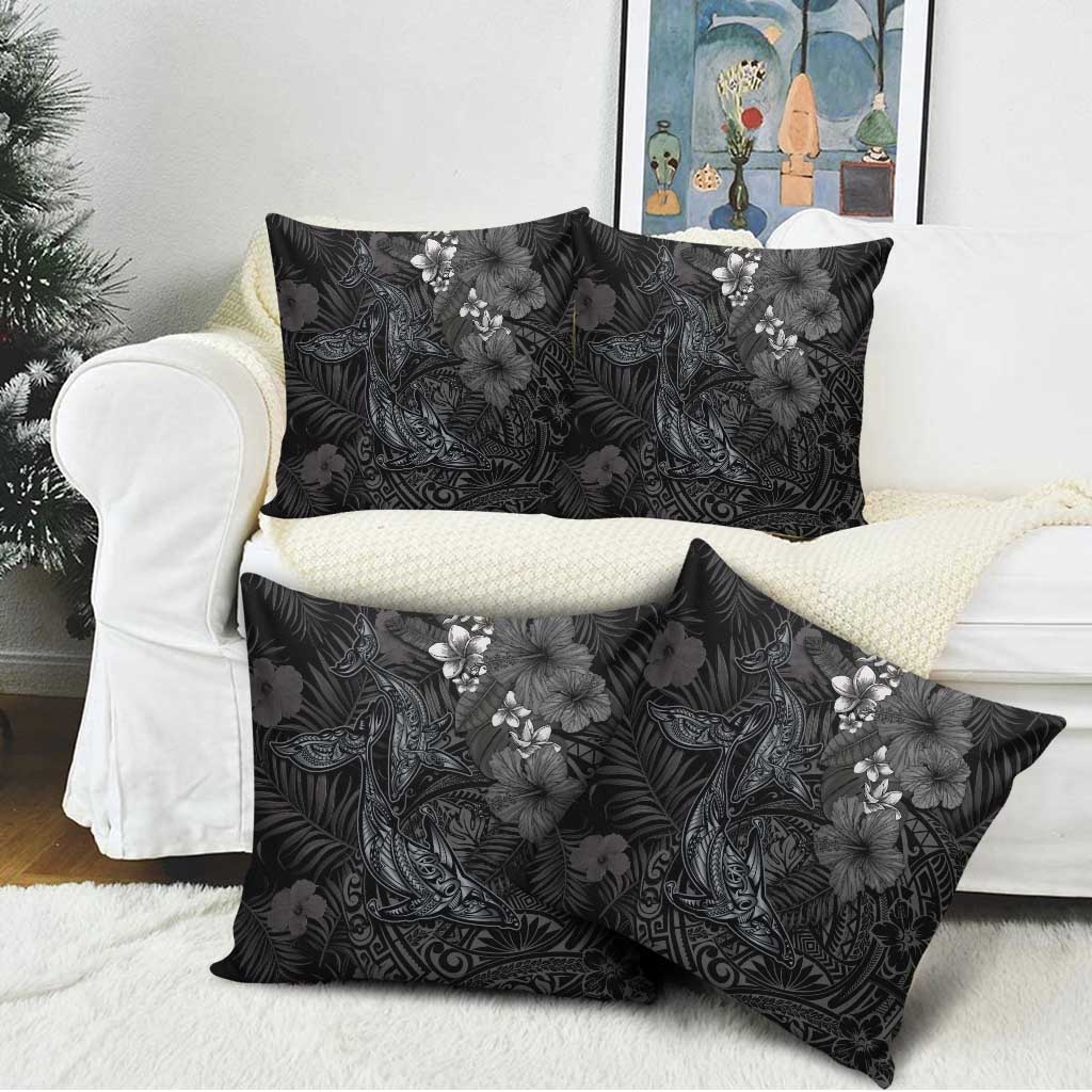 Hawaiian Tropical Plants and Tribal Whales Pillow Cover Polynesian Art Tattoo Grayscale
