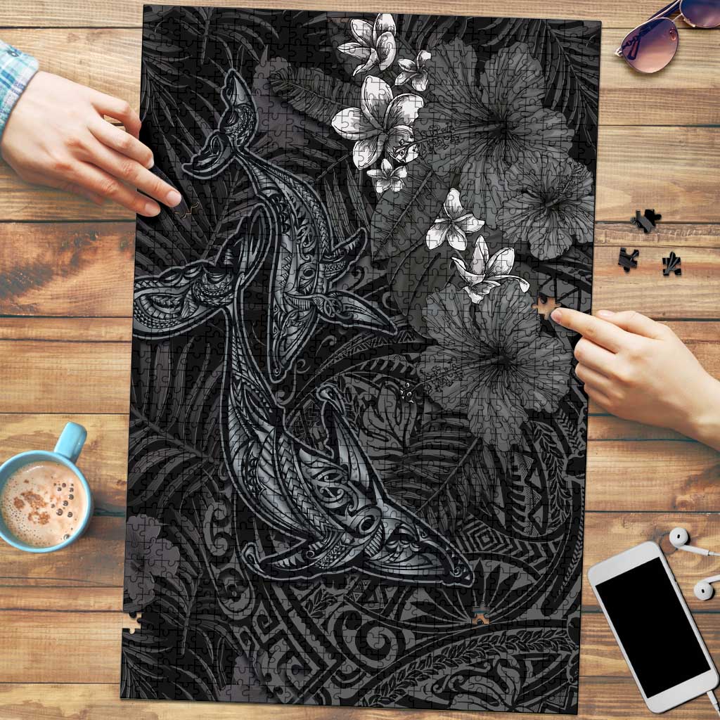 Hawaiian Tropical Plants and Tribal Whales Puzzle Polynesian Art Tattoo Grayscale