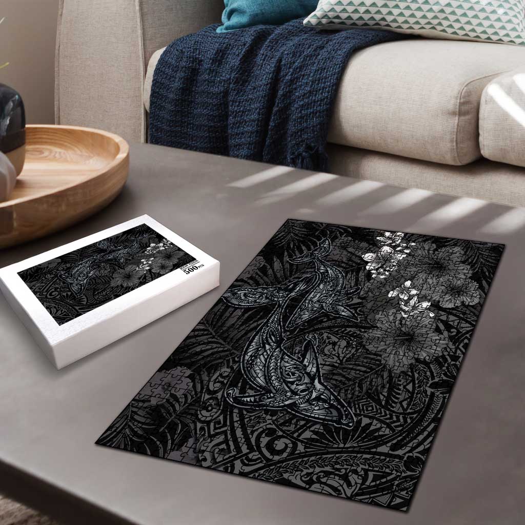 Hawaiian Tropical Plants and Tribal Whales Puzzle Polynesian Art Tattoo Grayscale