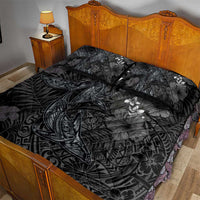 Hawaiian Tropical Plants and Tribal Whales Quilt Bed Set Polynesian Art Tattoo Grayscale