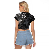 Hawaiian Tropical Plants and Tribal Whales Raglan Cropped T Shirt Polynesian Art Tattoo Grayscale