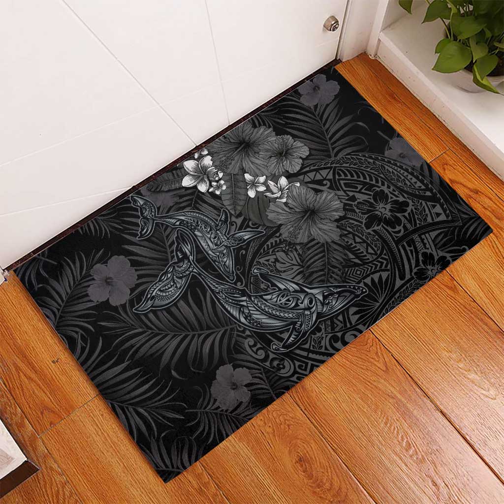 Hawaiian Tropical Plants and Tribal Whales Rubber Doormat Polynesian Art Tattoo Grayscale