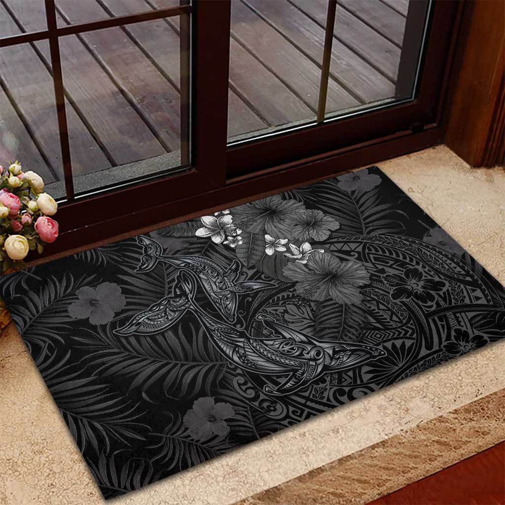 Hawaiian Tropical Plants and Tribal Whales Rubber Doormat Polynesian Art Tattoo Grayscale