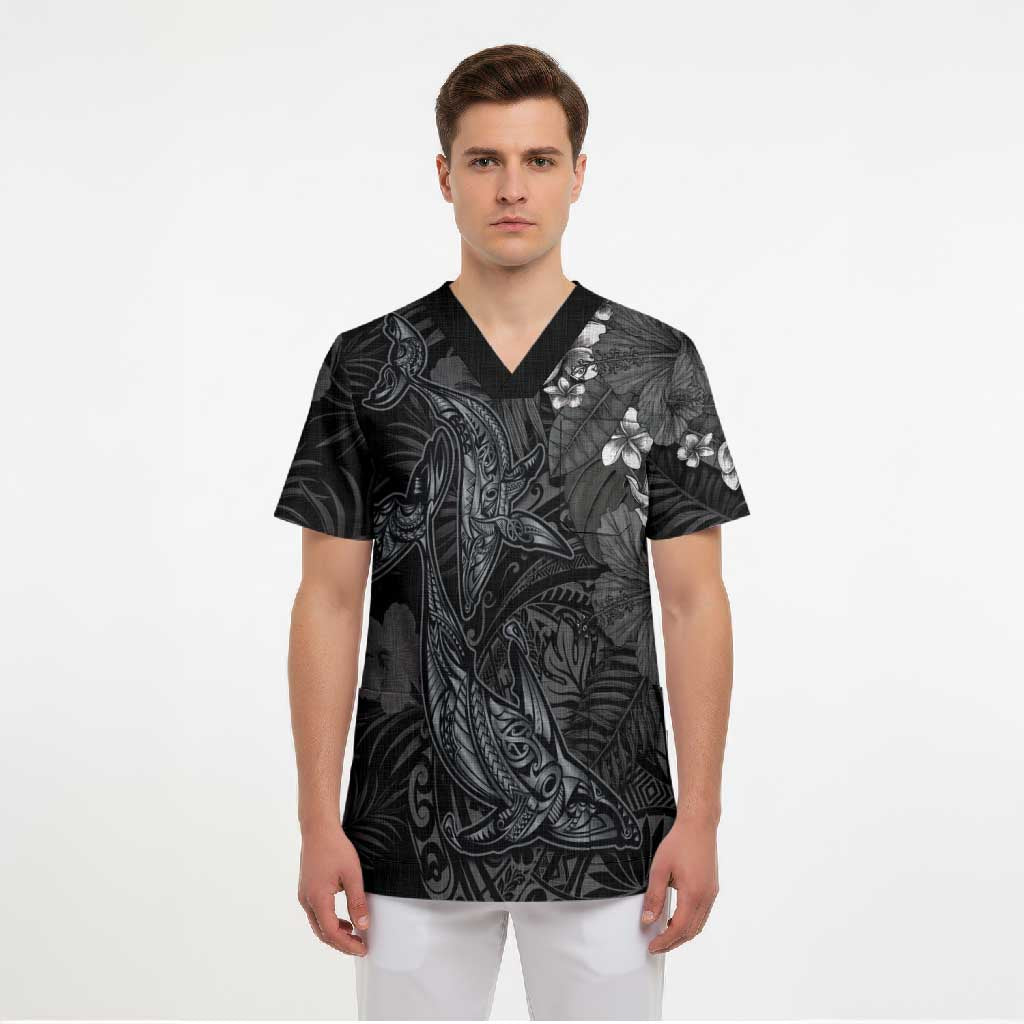 Hawaiian Tropical Plants and Tribal Whales Scrub Top Polynesian Art Tattoo Grayscale