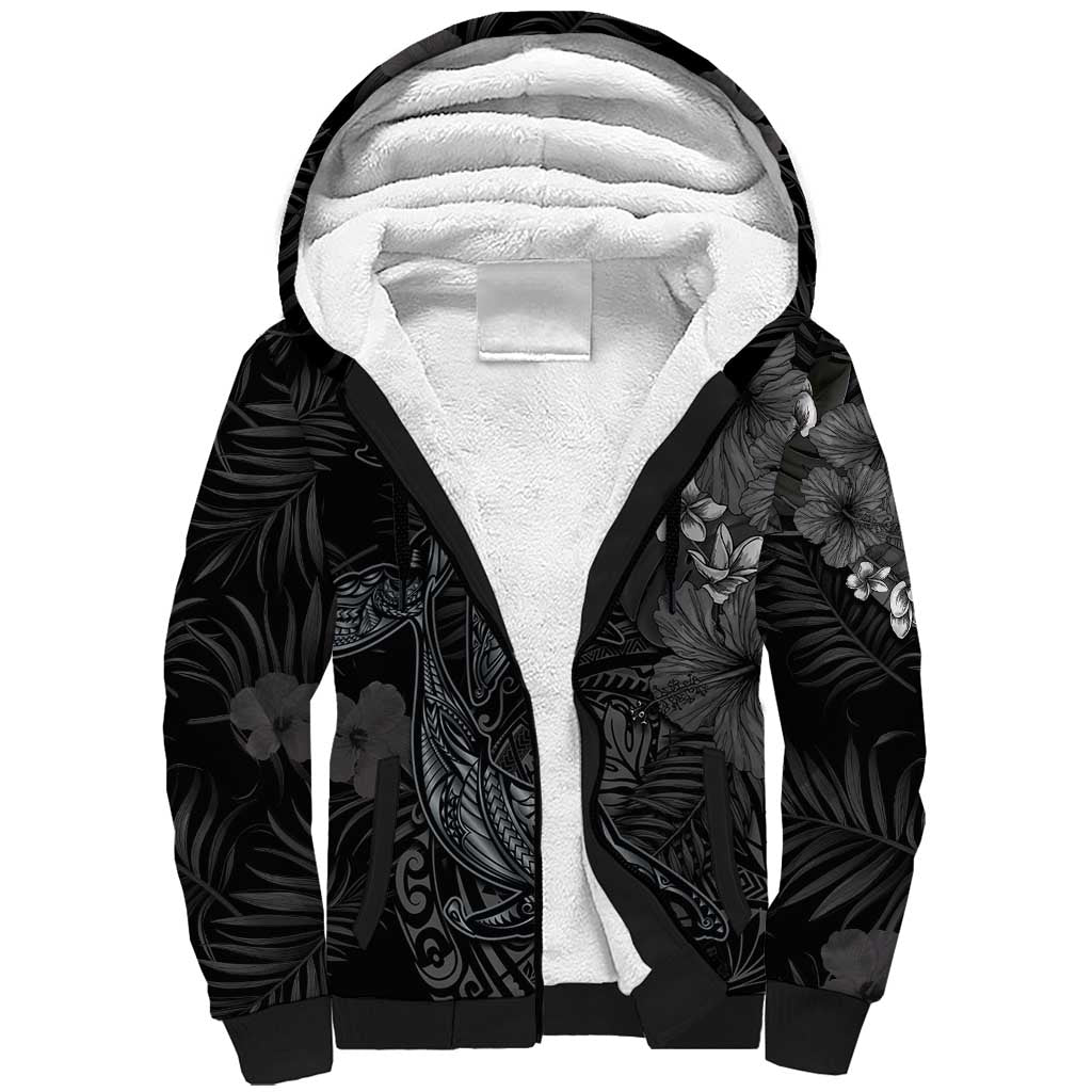 Hawaiian Tropical Plants and Tribal Whales Sherpa Hoodie Polynesian Art Tattoo Grayscale