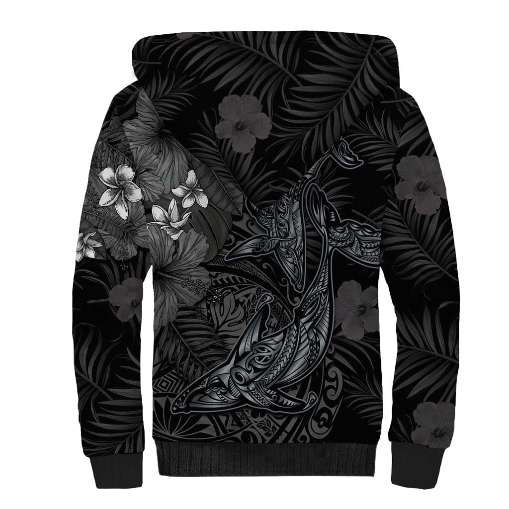 Hawaiian Tropical Plants and Tribal Whales Sherpa Hoodie Polynesian Art Tattoo Grayscale