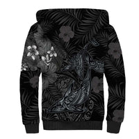 Hawaiian Tropical Plants and Tribal Whales Sherpa Hoodie Polynesian Art Tattoo Grayscale