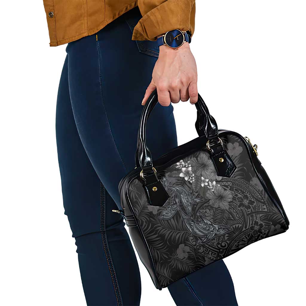 Hawaiian Tropical Plants and Tribal Whales Shoulder Handbag Polynesian Art Tattoo Grayscale