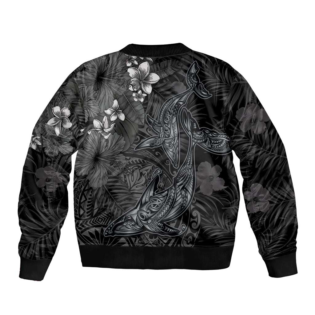 Hawaiian Tropical Plants and Tribal Whales Sleeve Zip Bomber Jacket Polynesian Art Tattoo Grayscale