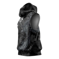 Hawaiian Tropical Plants and Tribal Whales Sleeveless Hoodie Polynesian Art Tattoo Grayscale