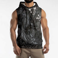 Hawaiian Tropical Plants and Tribal Whales Sleeveless Hoodie Polynesian Art Tattoo Grayscale