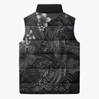 Hawaiian Tropical Plants and Tribal Whales Sleeveless Puffer Jacket Polynesian Art Tattoo Grayscale