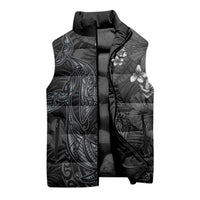 Hawaiian Tropical Plants and Tribal Whales Sleeveless Puffer Jacket Polynesian Art Tattoo Grayscale