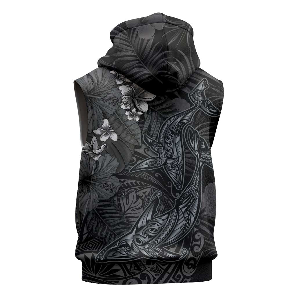 Hawaiian Tropical Plants and Tribal Whales Sleeveless Zip Hoodie Polynesian Art Tattoo Grayscale